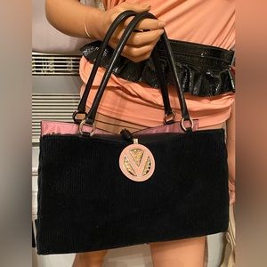 Valentino Garavani black striped corduroy bag with V logo adorned with crystals